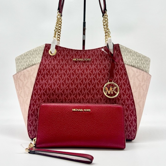 Michael Kors Jet Set Large Logo Tote Bag & Matching Continental Wallet Cherry - Picture 1 of 12